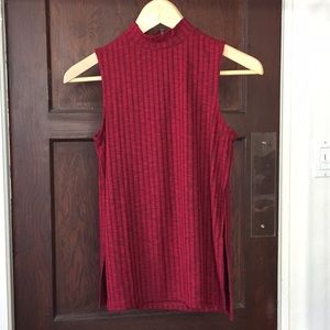 Red Ribbed Sleeveless Tank with Mock Neck